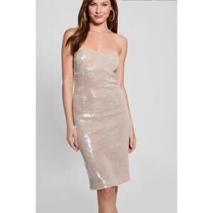 Guess Women Beige Metallic Sequins Strapless Sweetheart Jamie Dress Size 4 $188